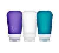humangear GoToob+ - Paquete de 3 Botellas de Viaje Grandes de 100 ml GoToob+ con Tapa de Bloqueo, 3 Unidades, Grande, 100 ml, Transparente/Morado/Turquesa, Grande