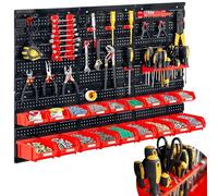 Humberg Panel de herramientas para taller, pared perforada, estantería de pared para taller, 6 módulos, 43 piezas, color negro y rojo, 96 x 76 cm