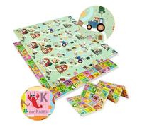 HUMBI Alfombra de juego 200 x 180 cm con alfabeto alemán para niños, doble cara, plegable, grande, diseño de granja, pueblo/letras, ideal como regalo