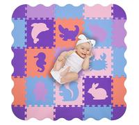 Humbi Alfombra Puzzle Espuma Eva para Bebés y Niños Alfombra de Gatear Alfombra de Jugar Alfombra de Piscina Protección del Suelo 31,5 x 31,5 x 1 cm Corral 95 x 95 cm Animales Rosa Morado Azul Pastel