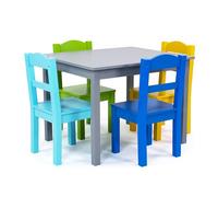 Humble Crew Mesa Cuadrada Madera y 4 sillas Gris/Azul/Verde/Amarillo: diseño Alegre, Segura niños, fomenta Juego, Montaje rápido, Ideal pequeños