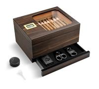 Humidificador de cigarros, moderno humidificador de cedro con tapa de cristal con cajón de accesorios, higrómetro digital, bandeja y divisor de madera de cedro hechos a mano, estuche para 30-55 puros,