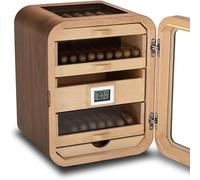 Humidificador de puros, con higrómetro, humidificador, gabinete superior de cristal, caja de almacenamiento de madera de nogal, 4 cajones, capacidad para aproximadamente 110 puros, para hombres