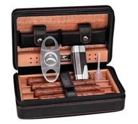 Humidificador de puros de madera de cedro - Juego de 4 piezas for fumar con estuche de cuero de viaje y humidificador(Black)