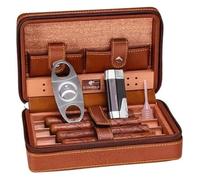 Humidificador de puros de madera de cedro - Juego de 4 piezas for fumar con estuche de cuero de viaje y humidificador(Brown)