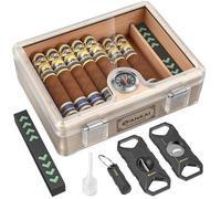 Humidor para puros con caja recta, corte en V, perforador y soporte, estuche para puros con tapa de vidrio, forro de madera de cedro, accesorios de humidificador y higrómetro, set de regalo para puros