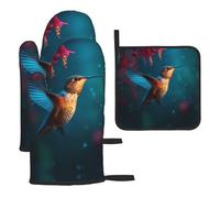 Hummingbirds in The Morning - Juego de 3 manoplas de horno y soportes para ollas de cocina, gruesos y duraderos, antiquemaduras y aislamiento térmico para tapa de cocina, horno microondas