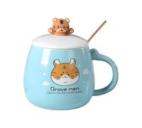 HUMOCHUSON Taza Cafe Taza De Cerámica De 400 Ml Con Diseño De Tigre, Ideal Como Recuerdo Para El Hogar, Con Tapa Y Cuchara, Y Caja De Regalo Con Osito De Peluche (Azul)