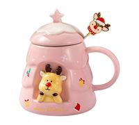 HUMOCHUSON Taza Cafe Taza Navideña De Cerámica Con Tapa Y Cuchara, Forma De Árbol De Navidad, Tapa De Estrella, Capacidad De 401-500 Ml, Empaquetada En Caja De Regalo - Rosa + Alce