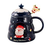 HUMOCHUSON Taza Navideña De Cerámica Con Tapa Y Cuchara, Forma De Árbol De Navidad, Tapa De Estrella, Capacidad De 401-500 Ml, Empaquetada En Caja De Regalo - Azul + Papá Noel
