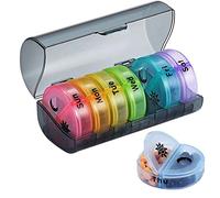 Hundnsney Organizador diario de pastillas ( veces al día) - Caja semanal de pastillas AM/PM, organizador redondo de medicamentos, caja de 7 pastillas (caja gris)