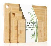 Hunnycook Juego de 3 tablas de cortar de madera, tabla de madera para cocina con ranuras profundas y asas integradas, tabla de cortar de madera duradera, tablas de pan y tabla de cortar de bambú