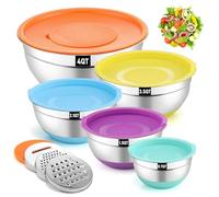 hunnycook Set de 5 Ensaladera de Colores, Bol Acero Inoxidable con Tapa, Base de Silicona Antideslizante y 3 Accesorios para Rallar, Ensaladera Apilable, 4.5,4,2.4,1.7,0.8L, Apta para Lavavajillas