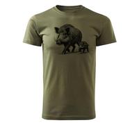 HUNT-G61 - Camiseta para Cazadores - Camiseta Hombre - de Algodón, Corte Cómodo - Regalos de Caza, Regalo para Cazadores, Silvicultores - Verde, con Motivo Jabalí con Cría - M