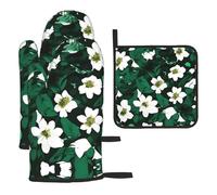 Hunter - Juego de guantes para horno y ollas con estampado de pétalos florales verdes, resistentes al calor, guantes de barbacoa y soportes para ollas para cocina