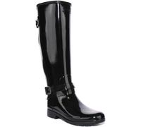 HUNTER Refinado Alto Tira Trasera Wellington Mujer Botas Charol Negro GB 3-9