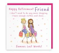 Hunts England - Divertida tarjeta de jubilación de amiga de dibujos animados - Felicitaciones - Compras - Moda, bolsos, zapatos, ropa - Para ella, mujeres - Garabatos tontos - 14,5 x 14,5 cm
