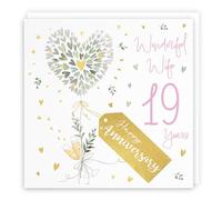 Hunts England - Tarjeta de 19 aniversario para esposa - Esposa de 19 años - Corazones contemporáneos - Lámina dorada - Tarjeta de lujo para 19º aniversario de boda para esposa - Feliz aniversario