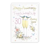 Hunts England - Tarjeta de 30 aniversario para esposa - Tamaño A5 - Copas de champán - Lámina dorada y relieve - Tarjeta de lujo de 30 aniversario para esposa - 30 años - 30 aniversario - Milo's