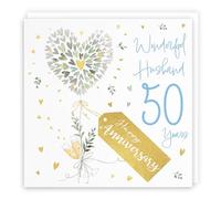 Hunts England - Tarjeta de 50 aniversario para marido - 50 años marido - Corazones contemporáneos - Lámina dorada - Tarjeta de lujo 50 aniversario de boda para marido - Feliz aniversario marido -