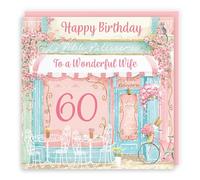 Hunts England - Tarjeta de cumpleaños 60 para esposa La Petite Patisserie - Encantadora panadería rosa, bonito diseño floral de café francés - Tarjeta de feliz cumpleaños para esposa de 60 años -