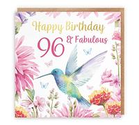Hunts England,Tarjeta de cumpleaños 96 de colibrí para ella,Con lámina dorada,Flores bonitas,Galería de Milo,Edad 96,Tarjeta de cumpleaños 96 años,Tarjeta de cumpleaños para mujer