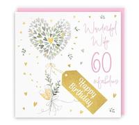 Hunts England - Tarjeta de cumpleaños contemporánea de 60 años con corazones - Lámina dorada - Milo's Gallery - Edad 60 champán, bonita tarjeta de cumpleaños de corazones para esposa - Edad sesenta