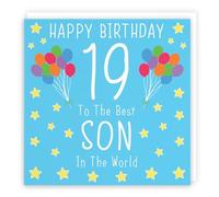 Hunts England - Tarjeta de cumpleaños número 19 para hijo - Feliz cumpleaños - 19 - Para el mejor hijo del mundo - Colección icónica - Divertida tarjeta colorida