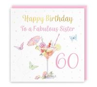 Hunts England - Tarjeta de cumpleaños para 60 hermanas con diseño de cóctel rosa y mariposas, lámina dorada de lujo, Milo's Gallery, para 60 años, bebidas, flores, corazones, elegante tarjeta de