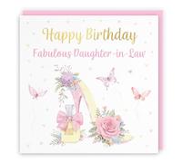 Hunts England - Tarjeta de cumpleaños para nuera con tacón alto y perfume, lámina dorada, Milo's Gallery, mariposas, flores, corazones, tarjeta de cumpleaños femenina para nuera