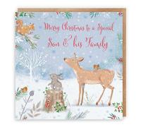 Hunts England - Tarjeta de Navidad de ciervo para hijo y familia - Tesoros de la naturaleza - Tarjeta de Feliz Navidad divertida de animales salvajes - Nieve, petirrojo, conejo, ardilla - De padres,
