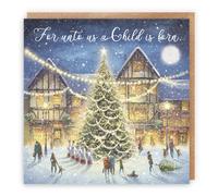 Hunts England - Tarjeta de Navidad religiosa cristiana individual - For Unto Us A Child Is Born - 'Nochebuena' - Galería de Milo - Verso de la Biblia - Que Dios te bendiga en Navidad y siempre