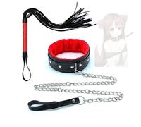 HUNTVE Collar de piel de peluche con cadena de metal y látigo para juegos de rol (negro y rojo)