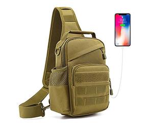 HUNTVP Táctical Mochila de Pecho con Puerto de Carga USB con Bolsillo de Botella de Agua Mochila de Hombro Mochila de Bandolera Estilo Militar Impermeable (Tipo 2- Marrón)