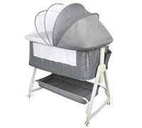 HUOLE Cuna 3 en 1, Cuna Colecho, Balancín, Cuna con inclinación Ajustable, Altura Ajustable en 6 Niveles, hasta 30 kg, Ruedas 360º, Mosquitera, Cesta de Almacenamiento-92 * 52 * 106-118cm-lino Gris