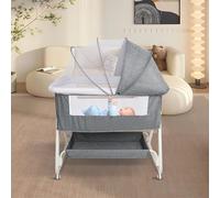 HUOLE Cuna Bebé y Moisés 2 en 1, 0-36 Meses (0-30 kg), Cuna Colecho Bebé Reclinable, 6 Alturas, Colchón Grande, Laterales de Malla, Lateral Deslizable de Fácil Plegado-92 * 52 * 106-118cm-lino Gris