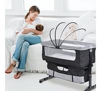 HUOLE Cuna de Colecho para Bebé con Colchón, Función de Mecedora, Lateral Abatible, Altura Ajustable, Panel de Malla, Ruedas y Bolsa de Viaje 0-6 Meses (92 * 58 * 70-90cm-negro)