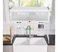 HUOLE Escurreplatos sobre Fregadero, Escurridor de Platos, Organizador Cocina, Estante de Secado de Platos de Acero Inoxidable de 3 Niveles, con Soporte para Utensilios, 65 * 30 * 78cm-lanco