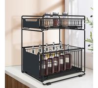 HUOLE Estantería para Especias de 2 Niveles sin taladrar con Carril de Cocina, Soporte para Especias, Estante para Especias Extensible para armarios-37,4 * 26,5 * 44 cm (Negro)