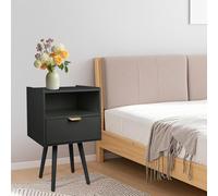HUOLE Mesa de Noche Moderna con Cajón de Almacenamiento y Estantería Abierta en Madera, para Salón, Dormitorio y Espacios Pequeños con Patas de Madera - 42 * 30 * 65 cm - Negro (1 pieza)