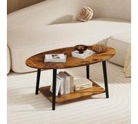 HUOLE - Mesa de té de madera maciza, mesa auxiliar con estante de almacenamiento, ovalada de doble nivel, para sala de estar, baja, 100 x 53 x 45 cm, madera quemada