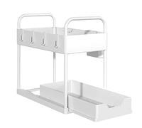 HUOLE Organizador de Almacenamiento para Debajo del Fregadero, Cesta de colección de baño Deslizante con Ganchos, Estante de Almacenamiento Multiusos para baño 40 * 22 * 30,5 cm (Blanco)