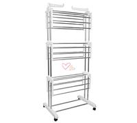 HUOLE Tendedero Ropa Plegable 4 Ruedas 3 Niveles Estante Tubo Acero Lavanderia Tendero para Interiores de Acero Inoxidable,Transportarlo Fácilmente,72 * 64 * 170 cm (Blanco)