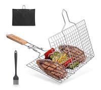 Huolewa plegable Canasta de asado de pescado, canasta de parrilla de barbacoa de acero inoxidable 304 portátil, para parrilla pescado, camarón, incluye pincel para salsa y bolsa de almacenamiento