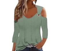 HUOQI Camiseta de manga corta para mujer de malla con hombros fríos, 2024, moda de verano, manga 3/4, camiseta de algodón, cuello en V, camiseta de yoga para mujer, verde, M