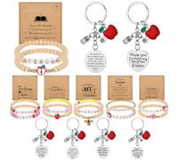 Huquary Juego de 12 pulseras de agradecimiento para profesores para mujeres, pulseras de agradecimiento para profesores, regalos con tarjetas y llaveros, pulseras elásticas de cuentas de madera para