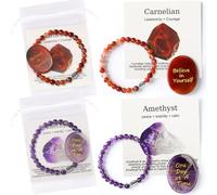 Huquary Juego de 2 pulseras y cristales calmantes con tarjetas y bolsas de malla, regalos inspiradores para curar la preocupación, alivio del estrés, meditación, regalo inspirador para mujeres