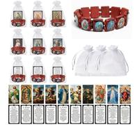 Huquary Juego de 60 piezas de regalos católicos, tarjetas de oración católica, pulseras de rosario de madera devocional con bolsas, bautizos religiosos de primera comunión, regalo de Pascua a granel