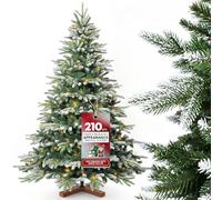 Huracan Árbol de Navidad artificial de 210 cm, con soporte de madera, con iluminación y nieve, aspecto de aguja, bolsa de almacenamiento y objetos decorativos