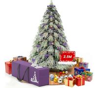 Huracan Árbol de Navidad artificial de 250 cm con LED y copos de nieve, árbol de Navidad artificial, ramas de alta calidad, realistas para salón, con soporte de madera, joyas y bolsa de almacenamiento